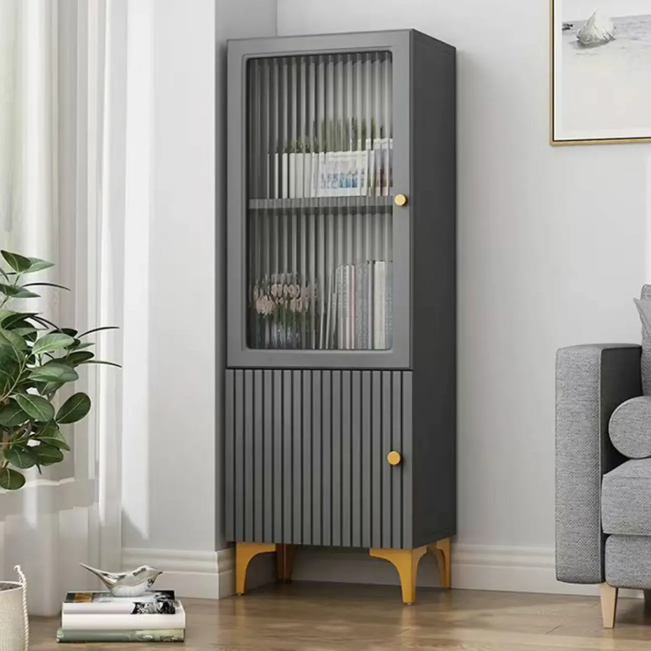 Modern White Glass Wood Storage Cabinet with Gold Metal Base Image - 25