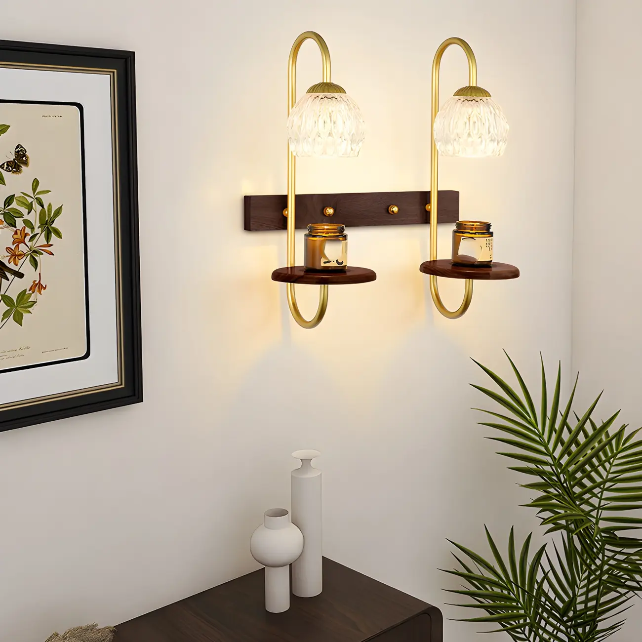 Modern Glass Wall Sconce with Wood Shelf for Bedroom Decor | homeyfad