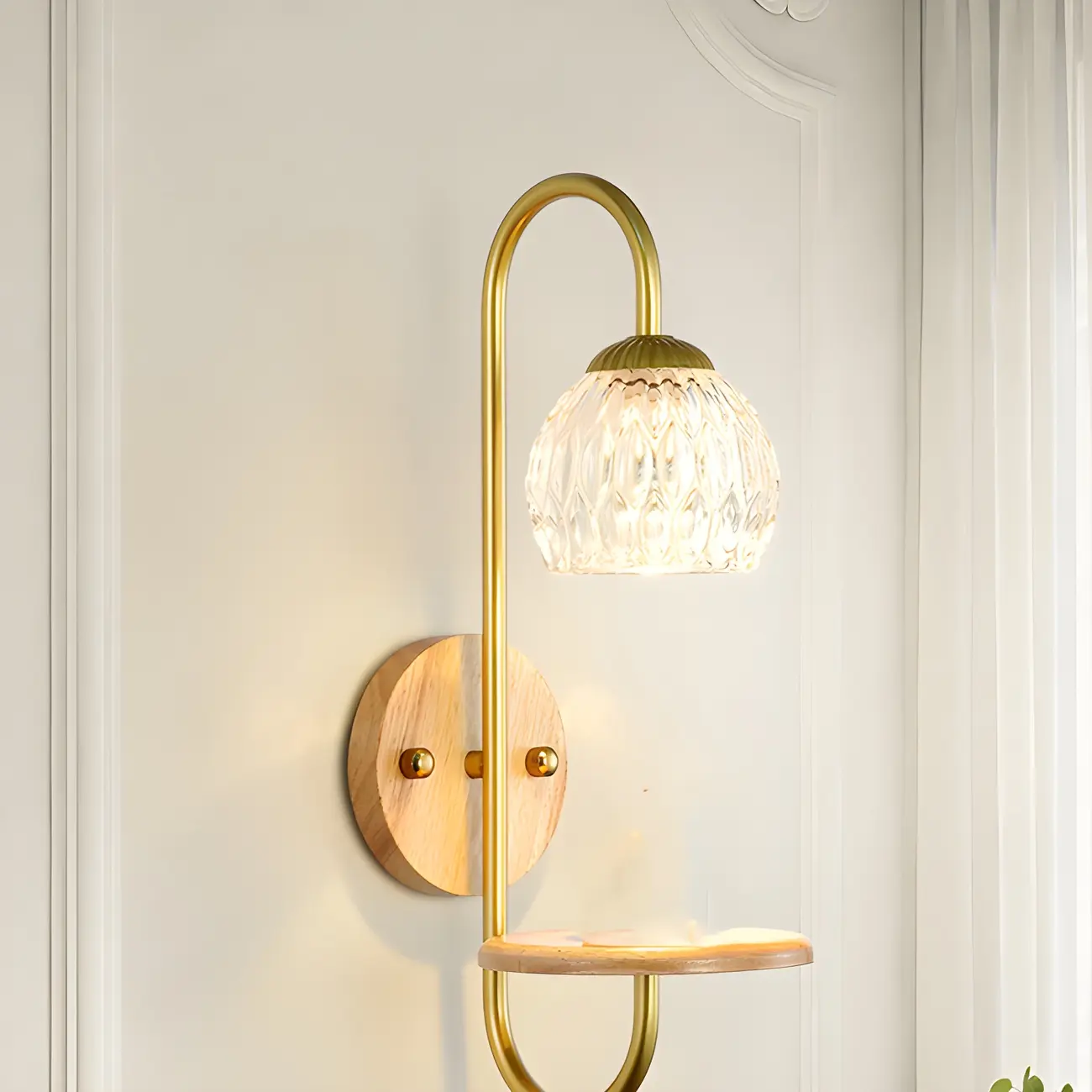 Modern Glass Wall Sconce with Wood Shelf for Bedroom Decor | homeyfad