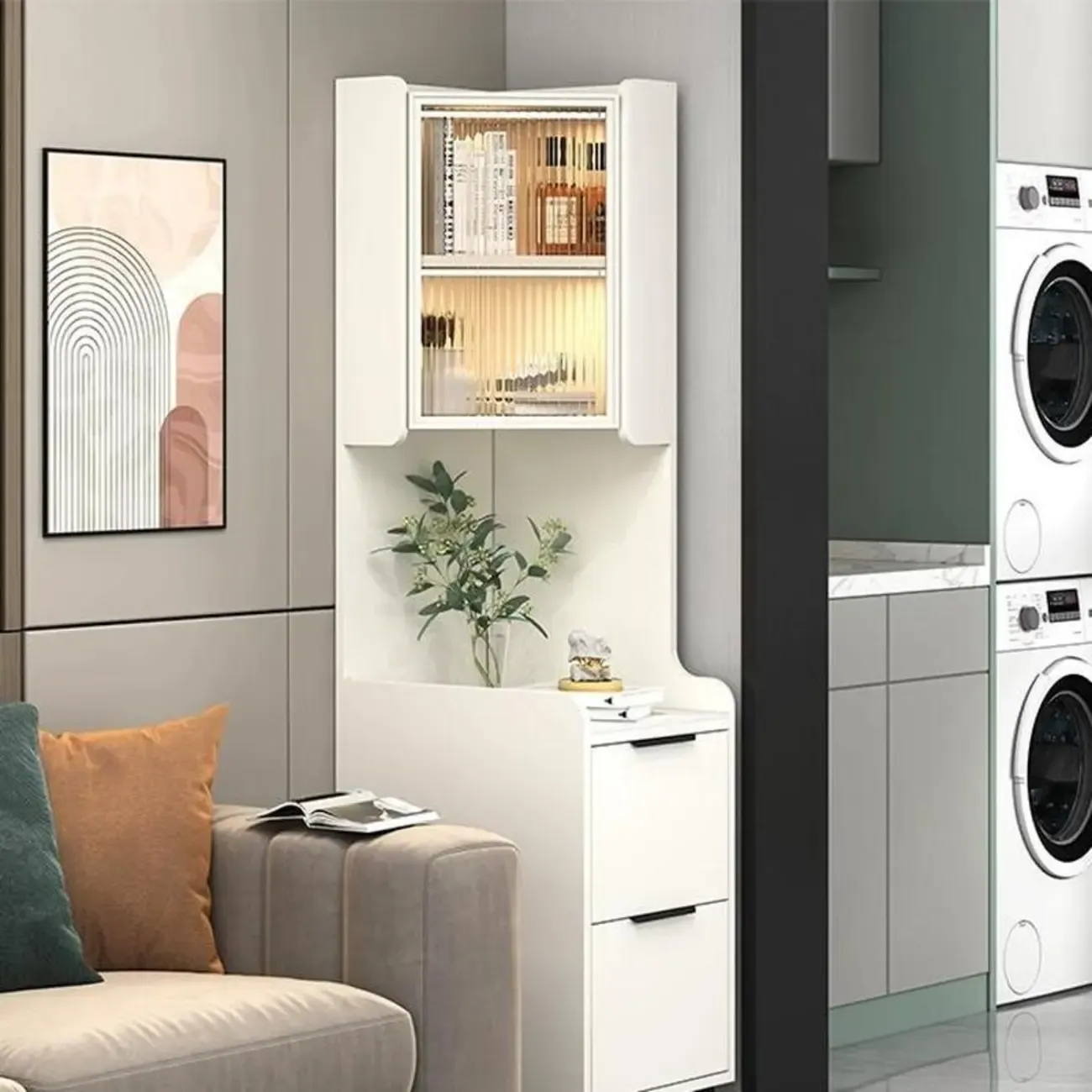 Modern Khaki Wooden Corner Lighting Storage Cabinet Image - 3