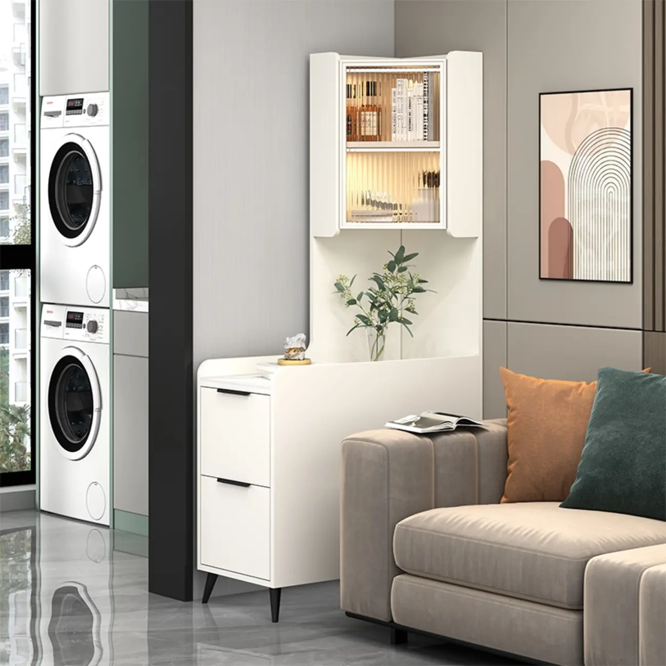 Modern Khaki Wooden Corner Lighting Storage Cabinet Image - 4 | homeyfad