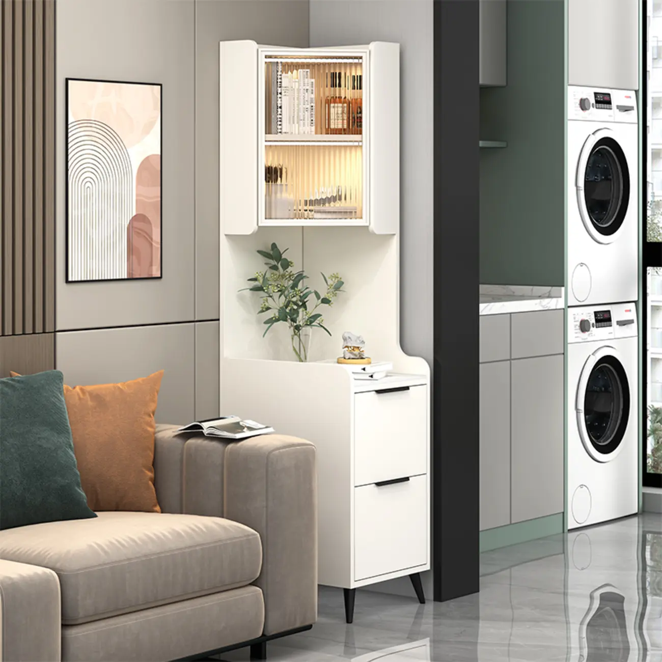 Modern Khaki Wooden Corner Lighting Storage Cabinet Image - 5 | homeyfad