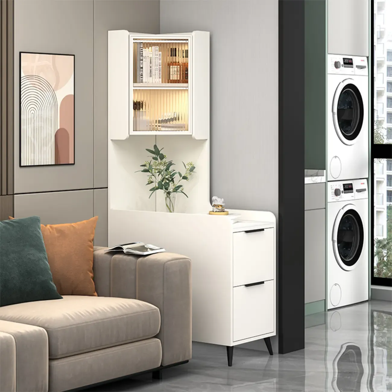 Modern Khaki Wooden Corner Lighting Storage Cabinet Image - 7