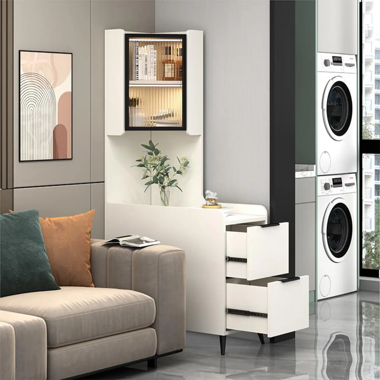 Modern Khaki Wooden Corner Lighting Storage Cabinet Image - 8 | homeyfad