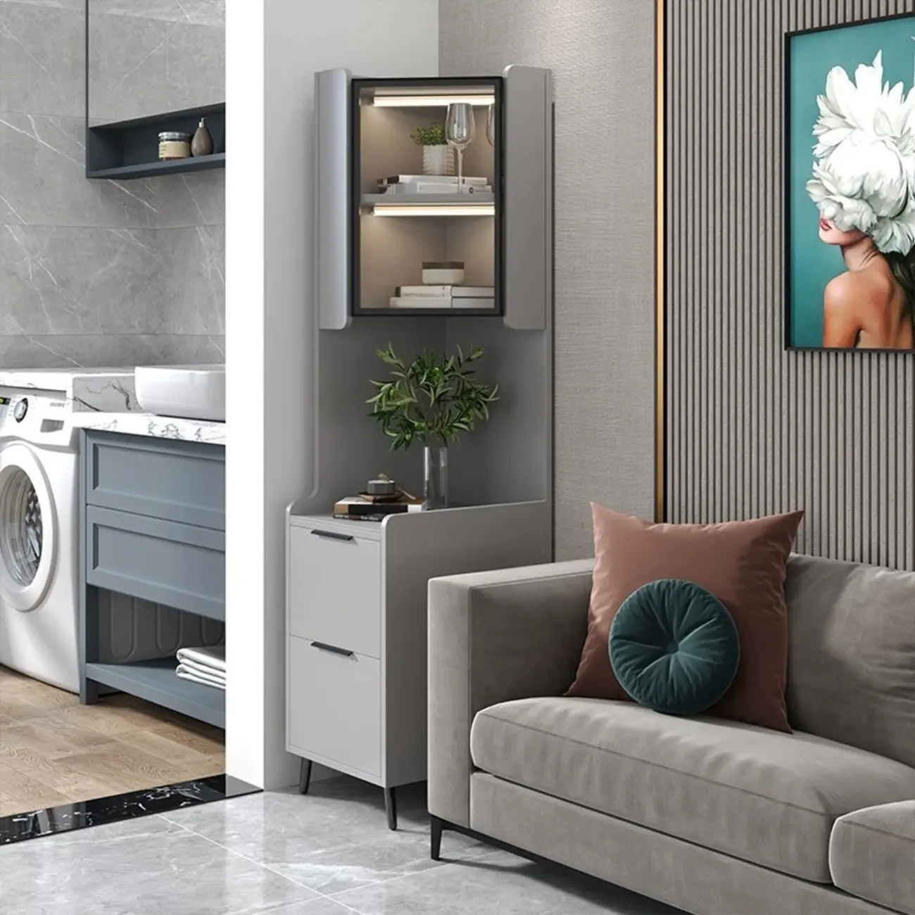 Modern Khaki Wooden Corner Lighting Storage Cabinet Image - 10 | homeyfad