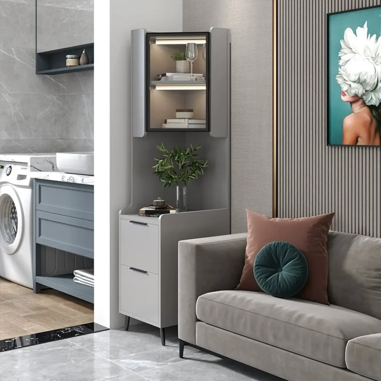 Modern Khaki Wooden Corner Lighting Storage Cabinet Image - 10