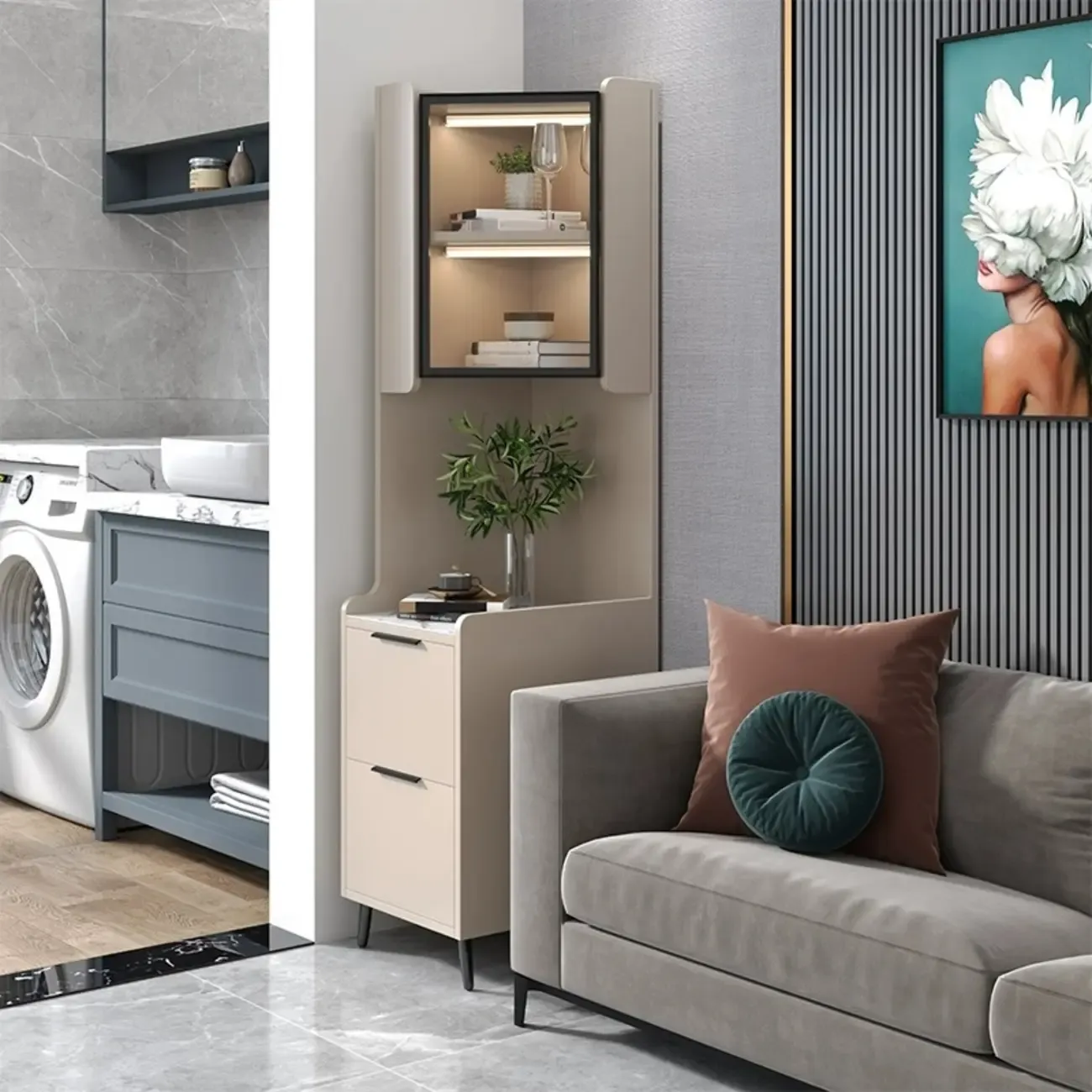 Modern Khaki Wooden Corner Lighting Storage Cabinet Image - 11