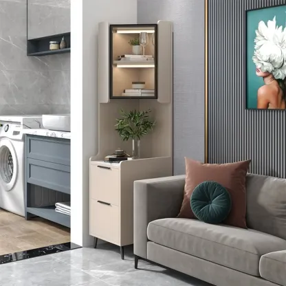 Modern Khaki Wooden Corner Lighting Storage Cabinet Image - 11