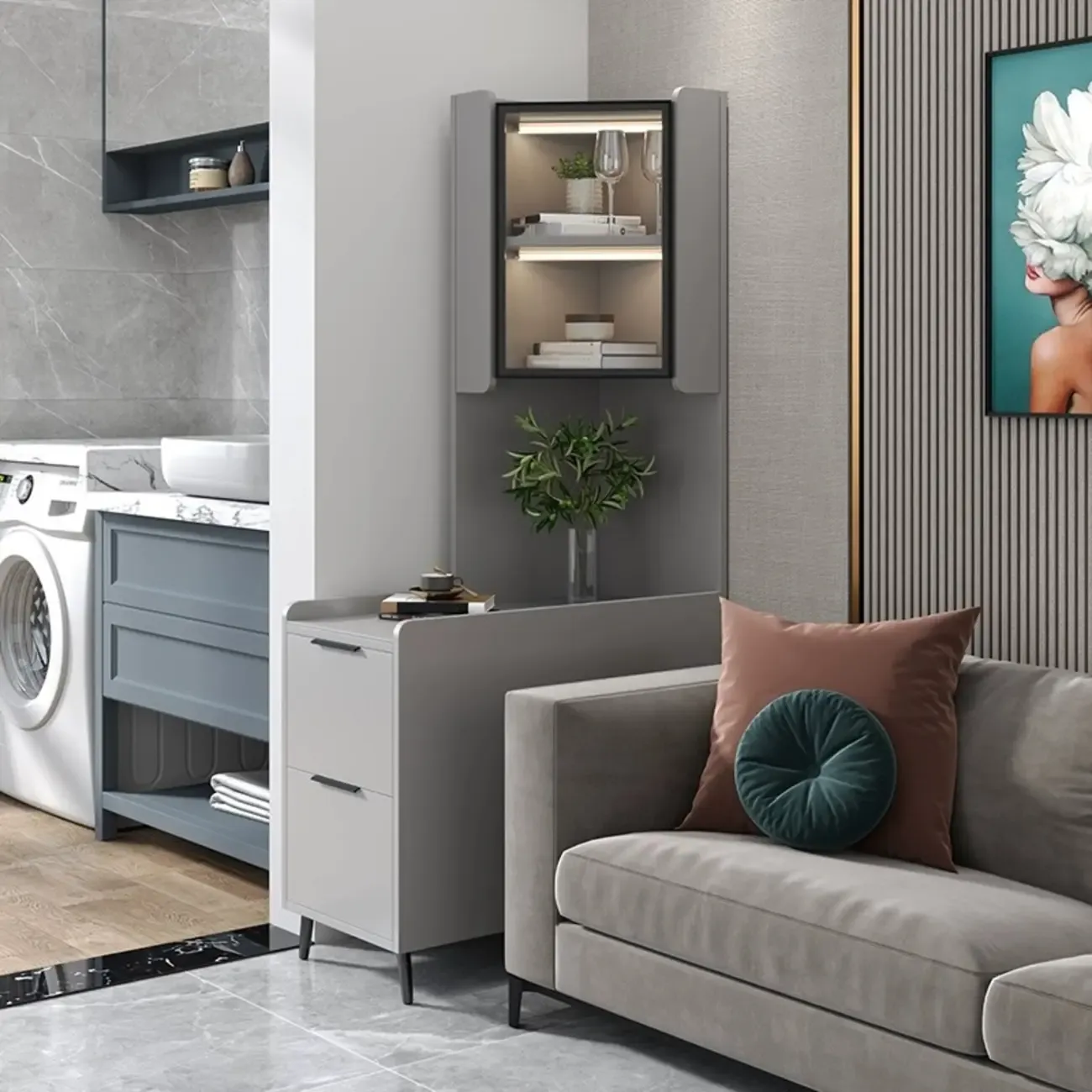 Modern Khaki Wooden Corner Lighting Storage Cabinet Image - 14