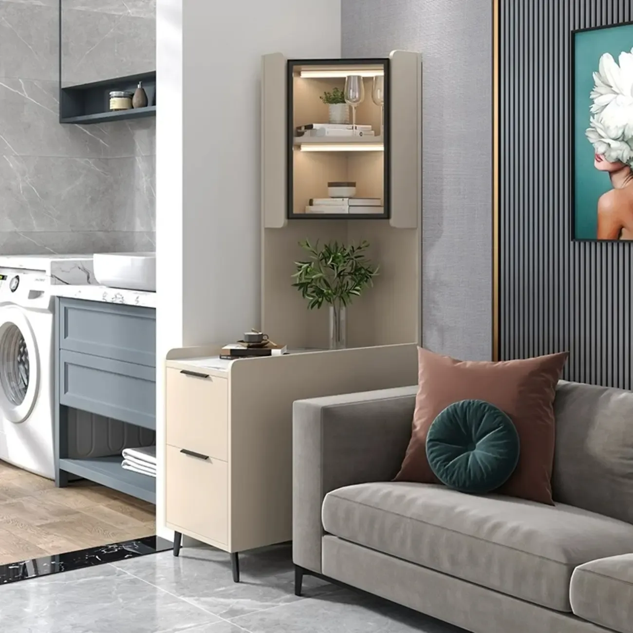 Modern Khaki Wooden Corner Lighting Storage Cabinet Image - 16