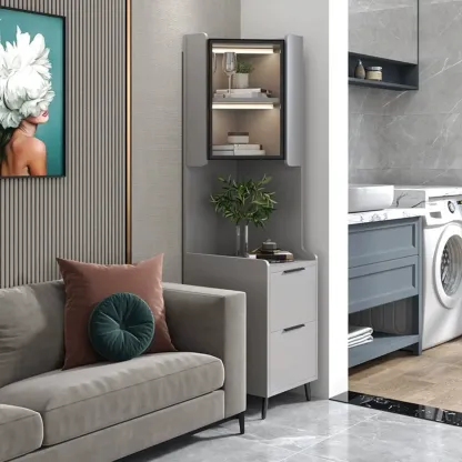 Modern Khaki Wooden Corner Lighting Storage Cabinet Image - 18