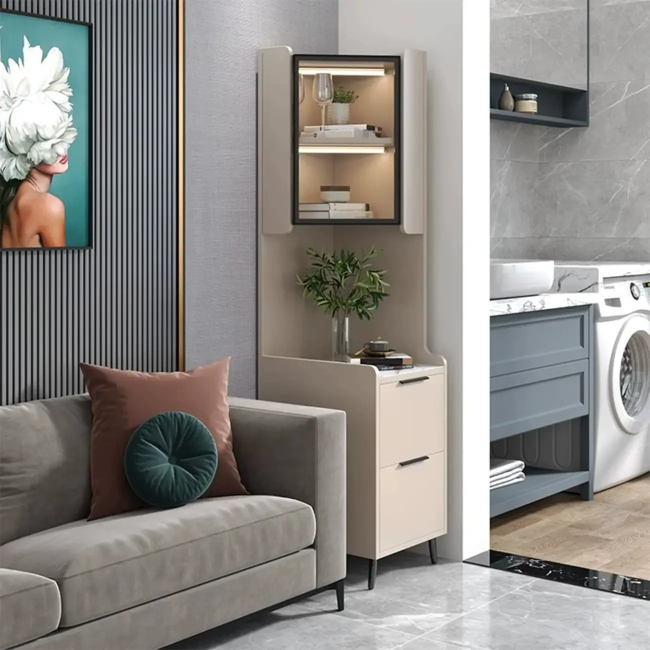 Modern Khaki Wooden Corner Lighting Storage Cabinet Image - 19