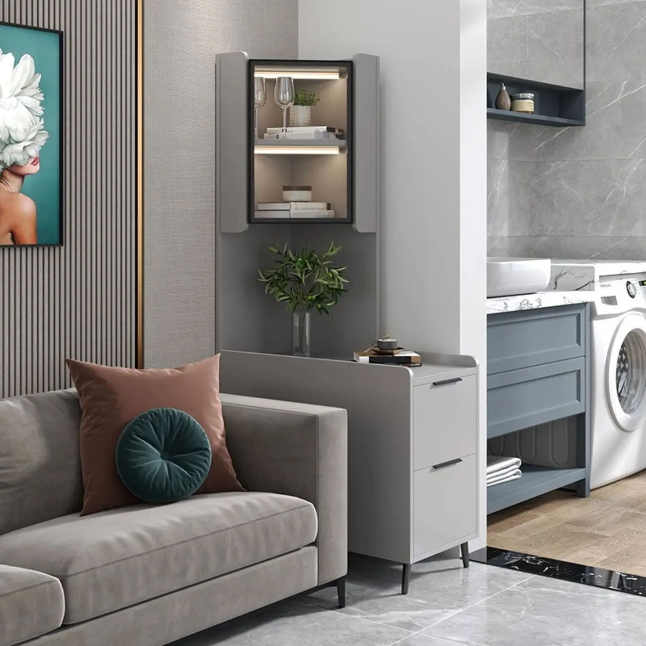 Modern Khaki Wooden Corner Lighting Storage Cabinet Image - 21 | homeyfad