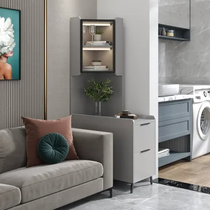 Modern Khaki Wooden Corner Lighting Storage Cabinet Image - 21