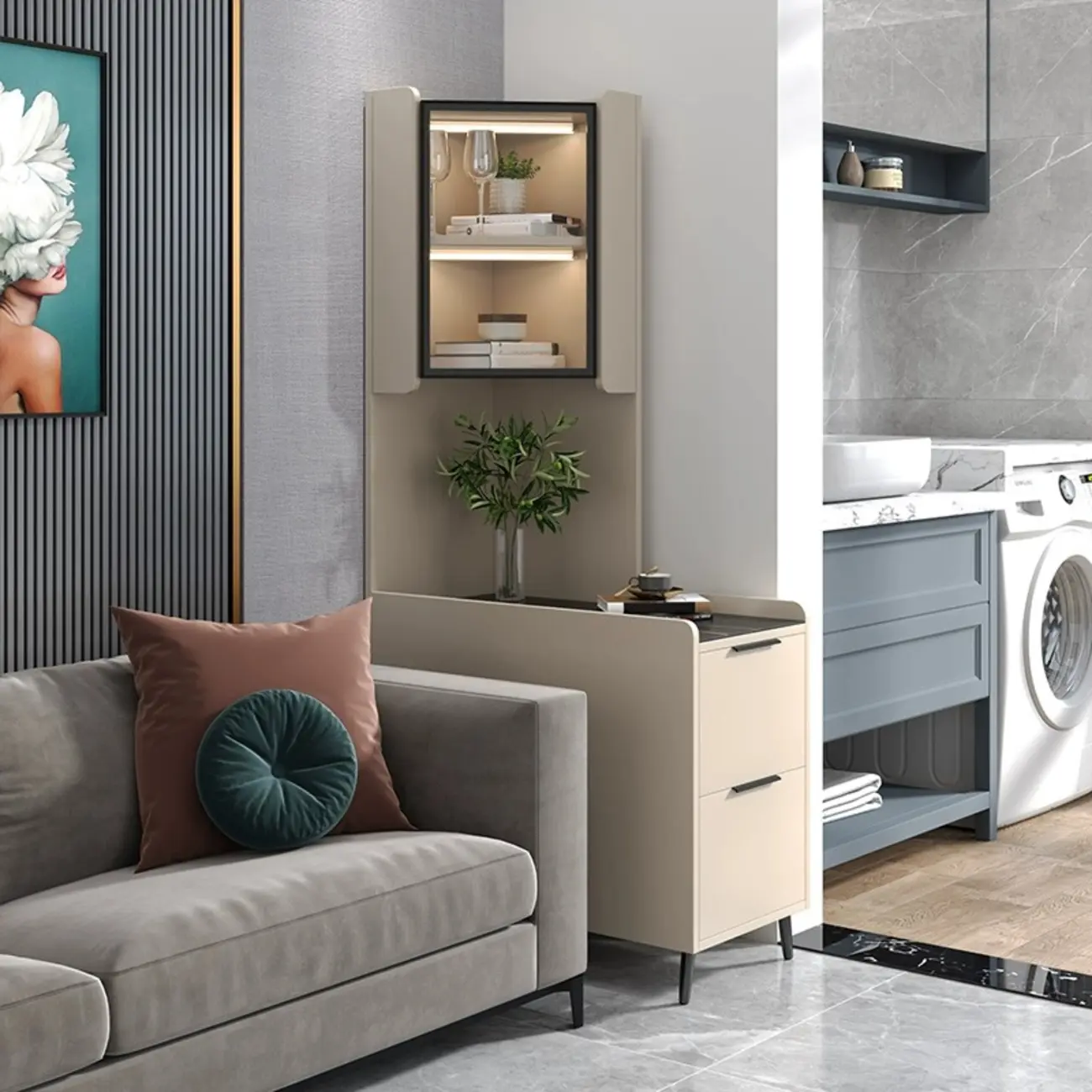 Modern Khaki Wooden Corner Lighting Storage Cabinet Image - 23 | homeyfad