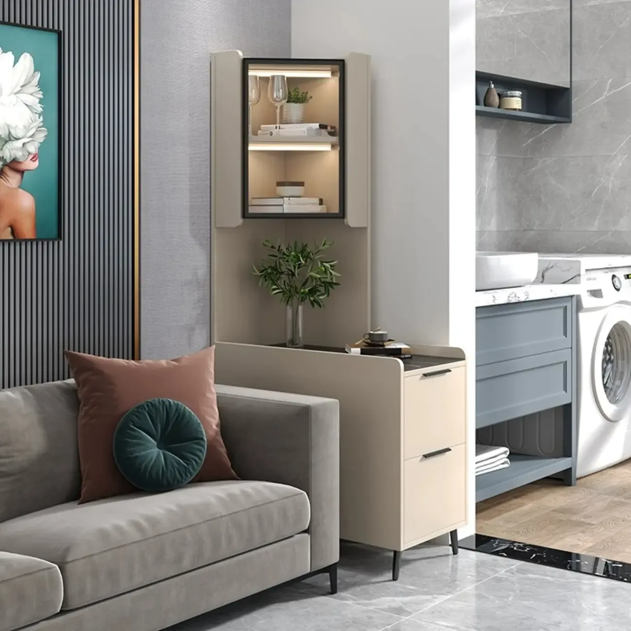 Modern Khaki Wooden Corner Lighting Storage Cabinet Image - 23