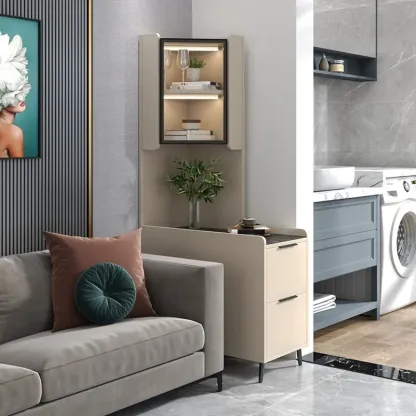 Modern Khaki Wooden Corner Lighting Storage Cabinet Image - 23