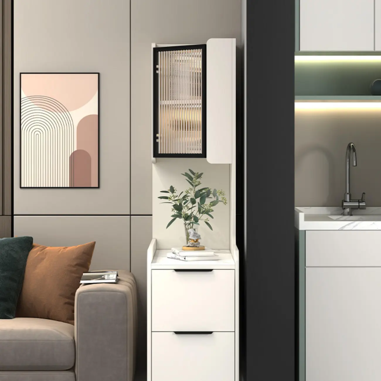 Modern Khaki Wooden Corner Lighting Storage Cabinet Image - 24 | homeyfad