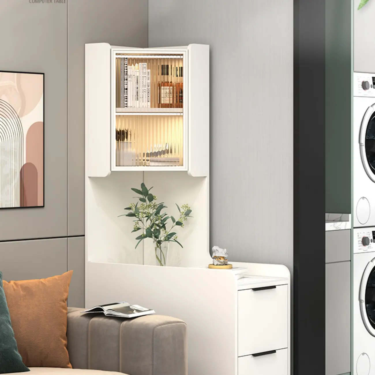 Modern Khaki Wooden Corner Lighting Storage Cabinet Image - 25 | homeyfad