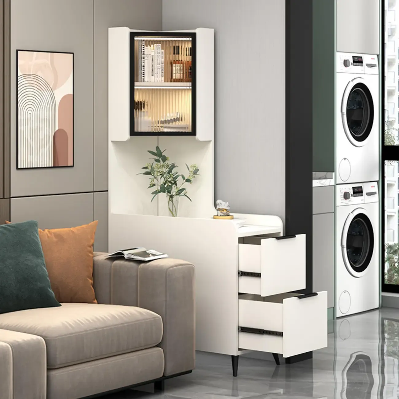 Modern Khaki Wooden Corner Lighting Storage Cabinet Image - 26