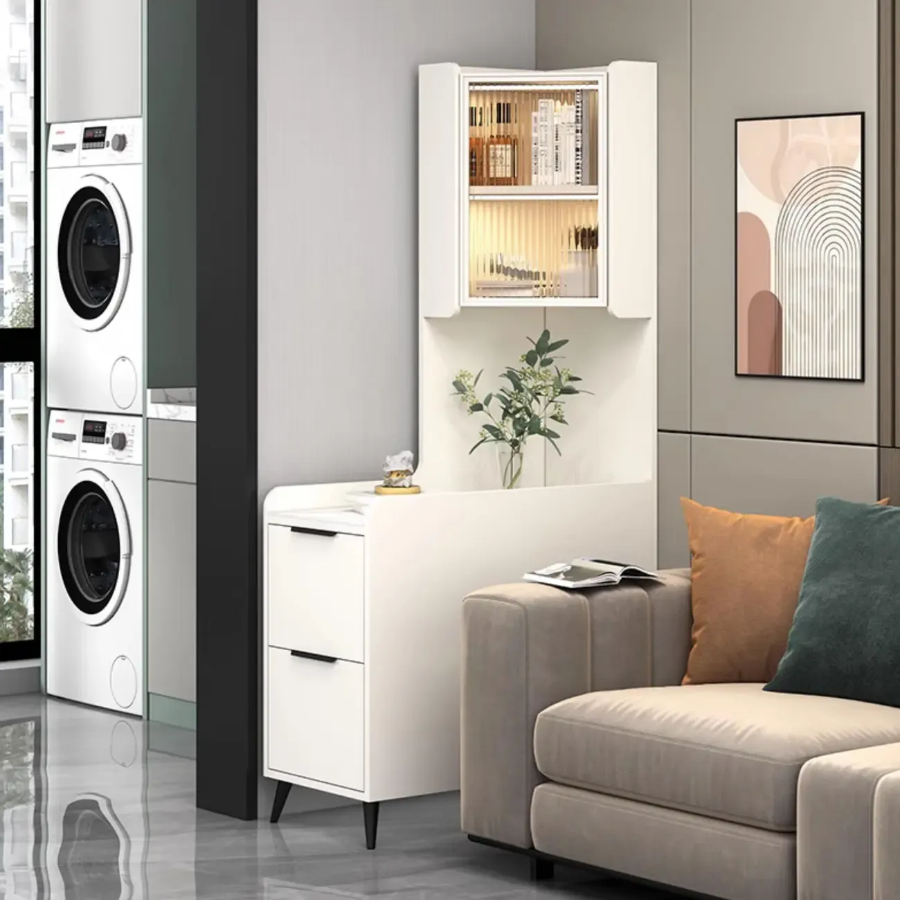 Modern Khaki Wooden Corner Lighting Storage Cabinet Image - 28