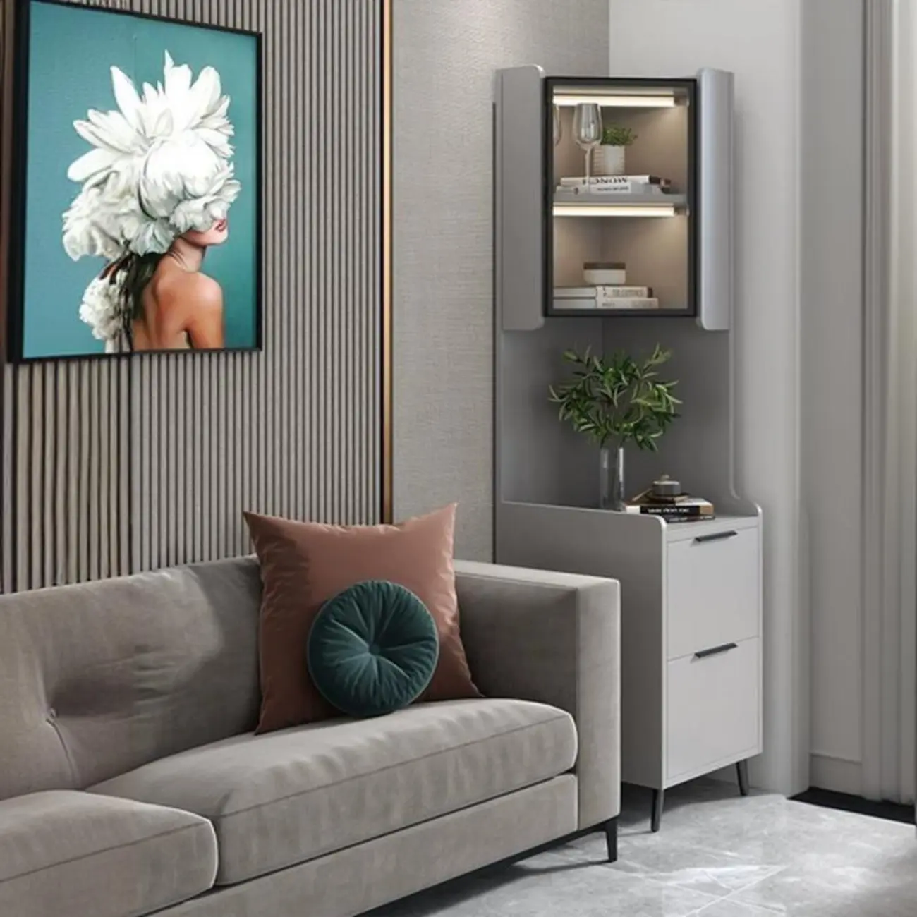 Modern Khaki Wooden Corner Lighting Storage Cabinet Image - 29 | homeyfad