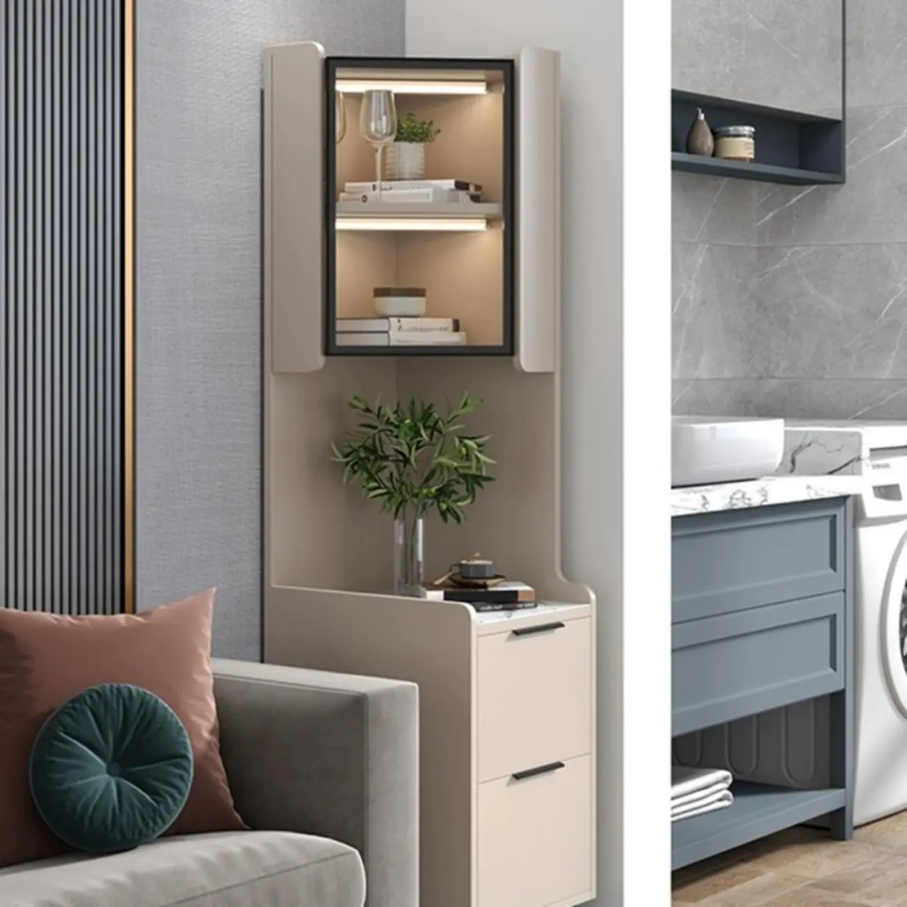 Modern Khaki Wooden Corner Lighting Storage Cabinet Image - 30 | homeyfad