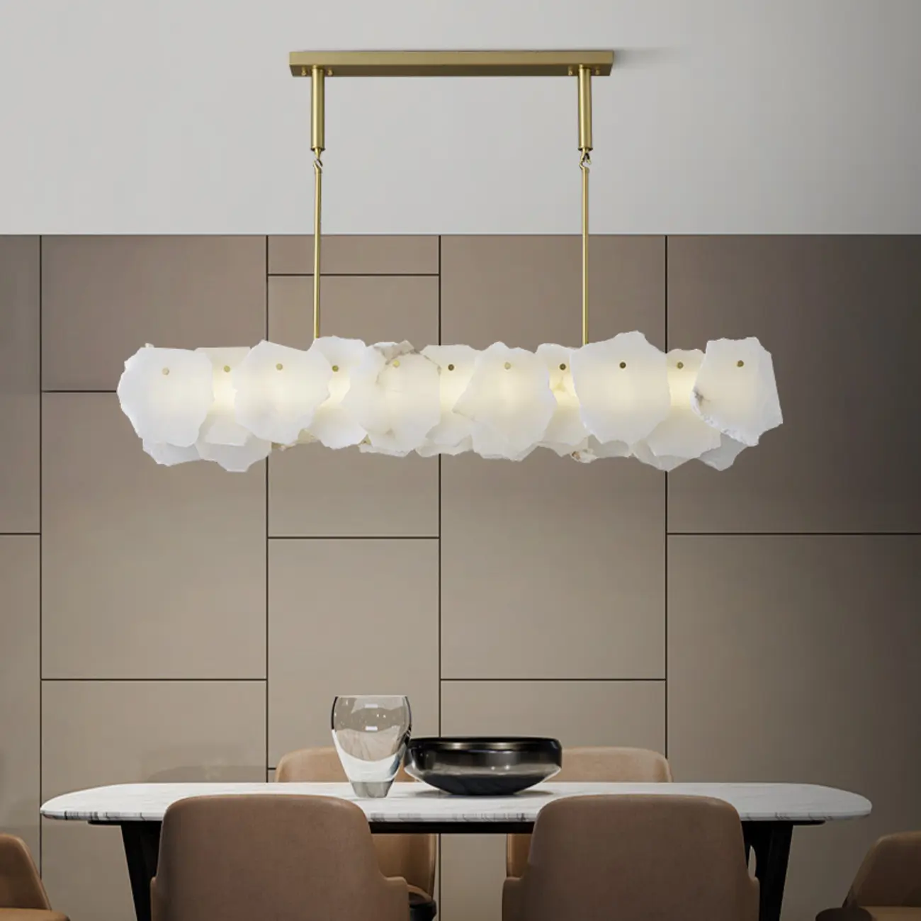 Artistic Modern Brass Alabaster Linear Kitchen Island Light Image - 3 | homeyfad