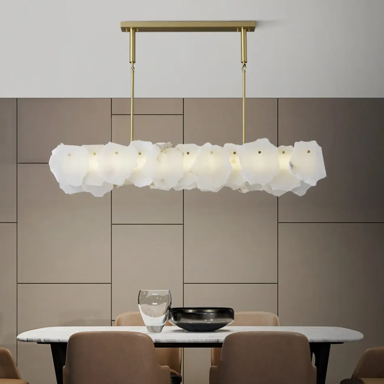 Artistic Modern Brass Alabaster Linear Kitchen Island Light Image - 3