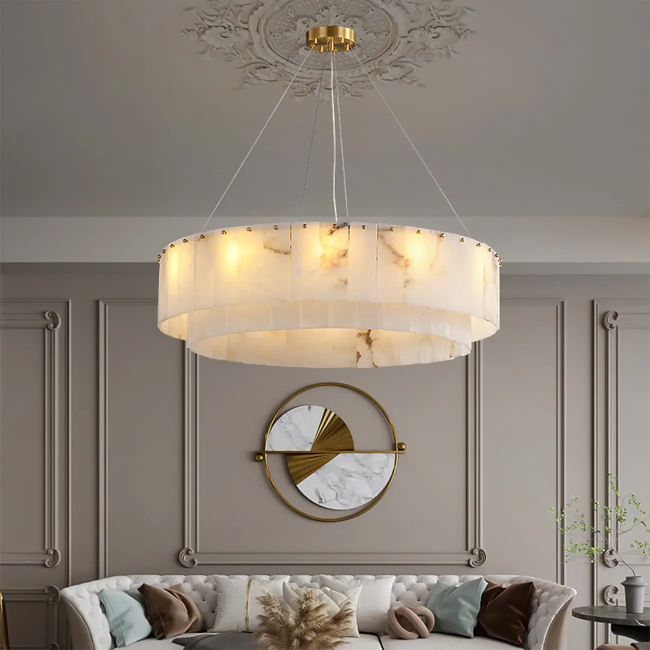 Luxury Tiered Circular Hanging Chandelier Brass and Alabaster Image - 1 | homeyfad
