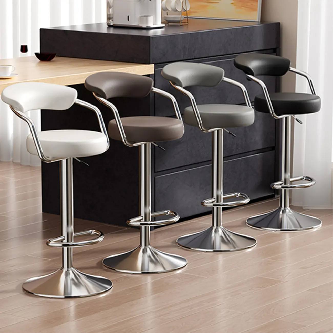 Adjustable Swivel Leather Modern Bar Stools Open Back Image - 3 | homeyfad