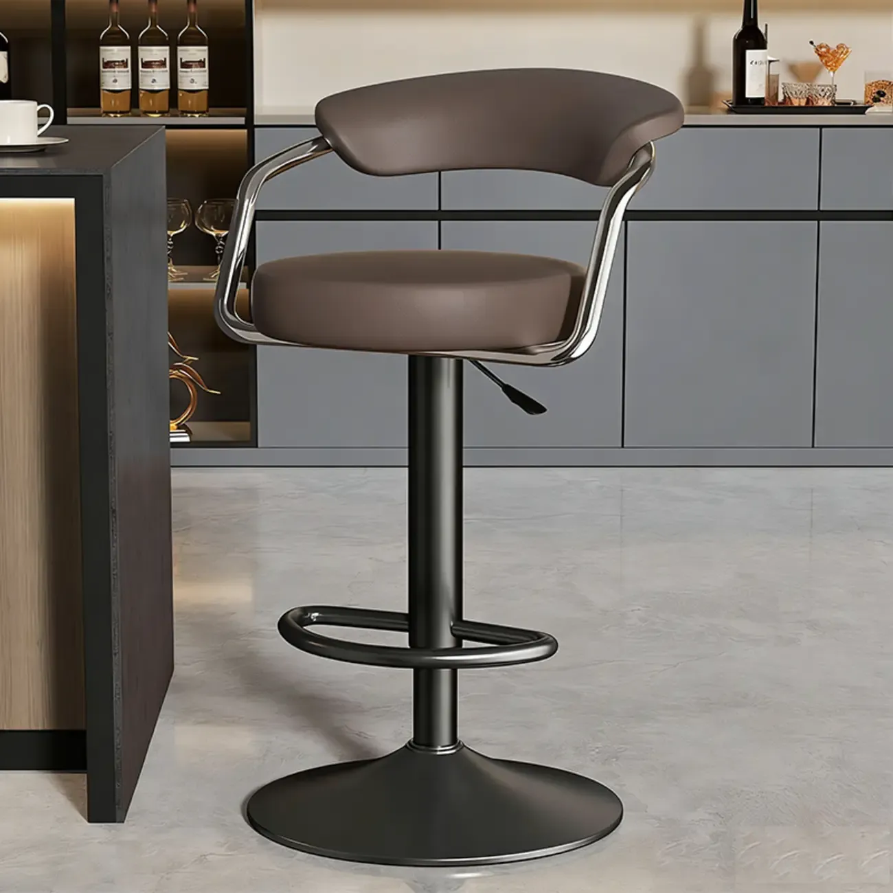 Adjustable Swivel Leather Modern Bar Stools Open Back Image - 8