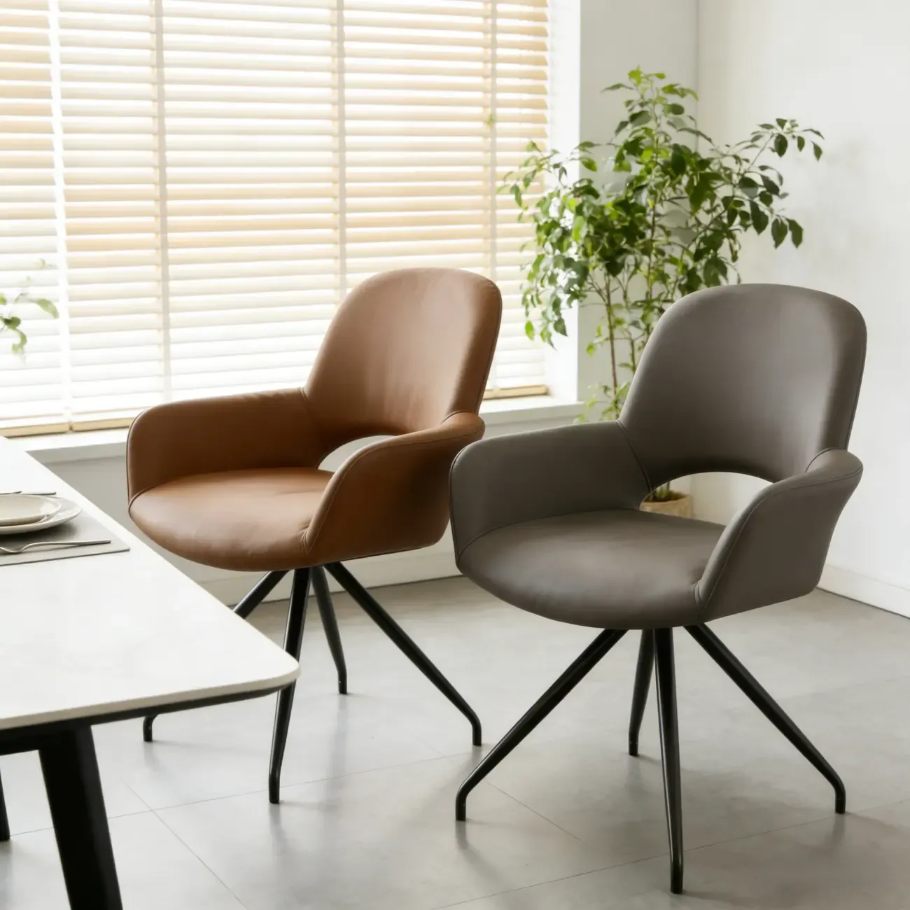 Grey Faux Leather Swivel Arm Dining Chair Image - 1