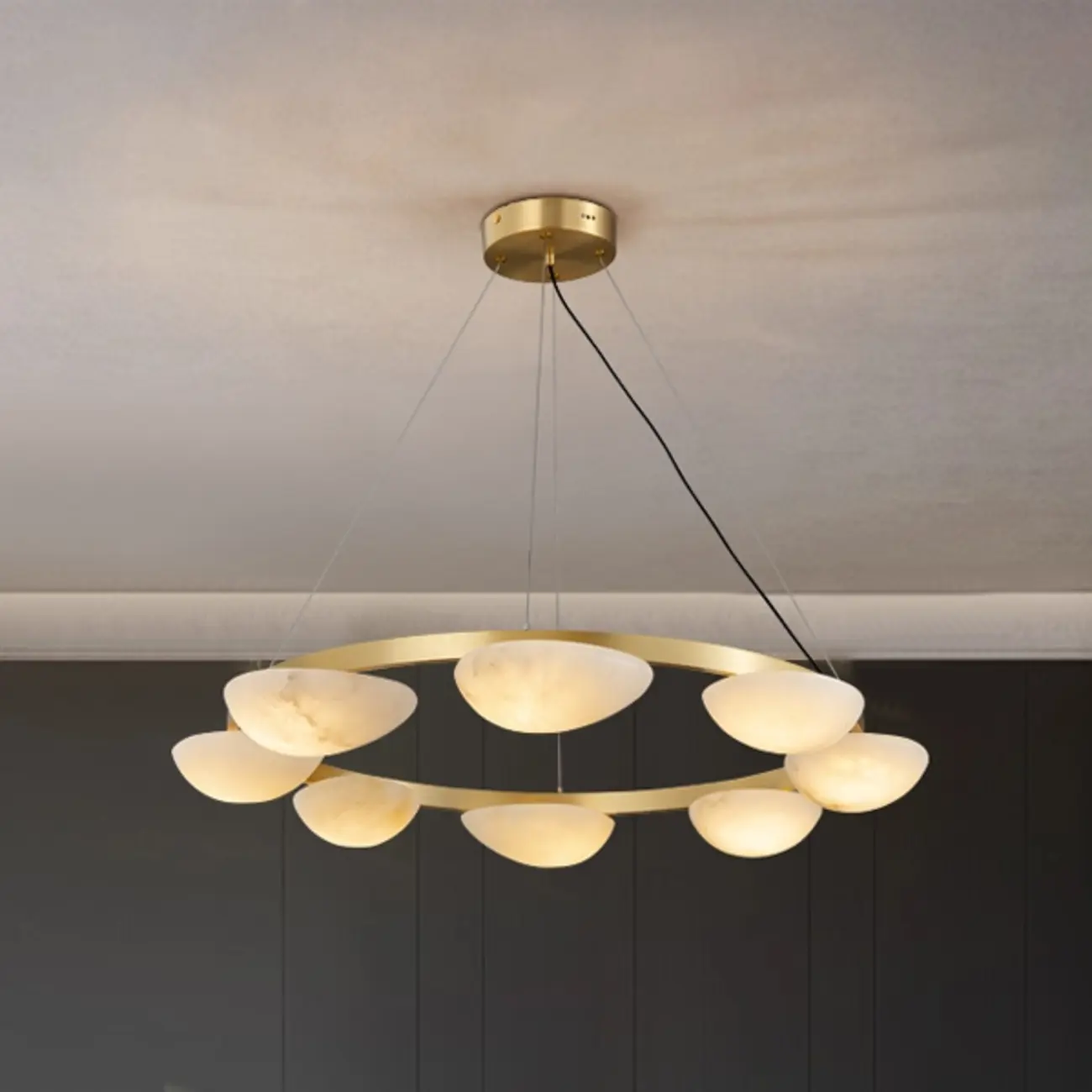 Luxury Modern Brass Circular Alabaster Hanging Chandelier Image - 1 | homeyfad