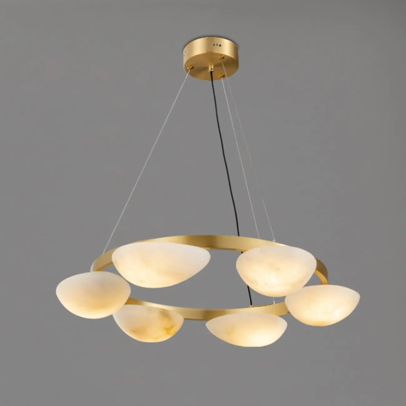 Luxury Modern Brass Circular Alabaster Hanging Chandelier Image - 4 | homeyfad