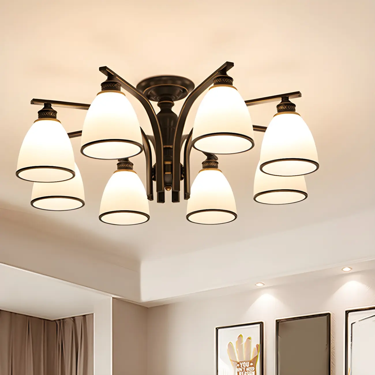 Traditional Black Down Bell Frosted Glass Semi Flush Mount Light Image - 1 | homeyfad