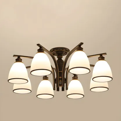 Bell Glass Shade Black Metal Vintage Semi Flush Ceiling Light Image - 7