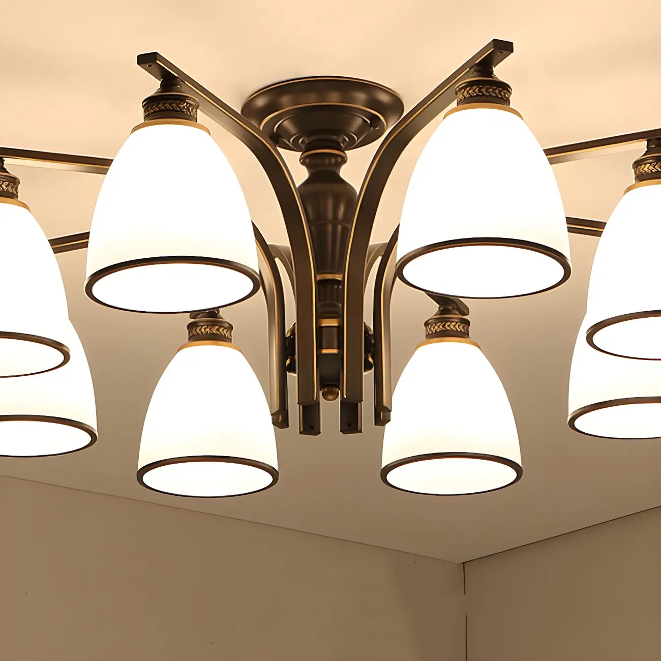 Bell Glass Shade Black Metal Vintage Semi Flush Ceiling Light Image - 8 | homeyfad