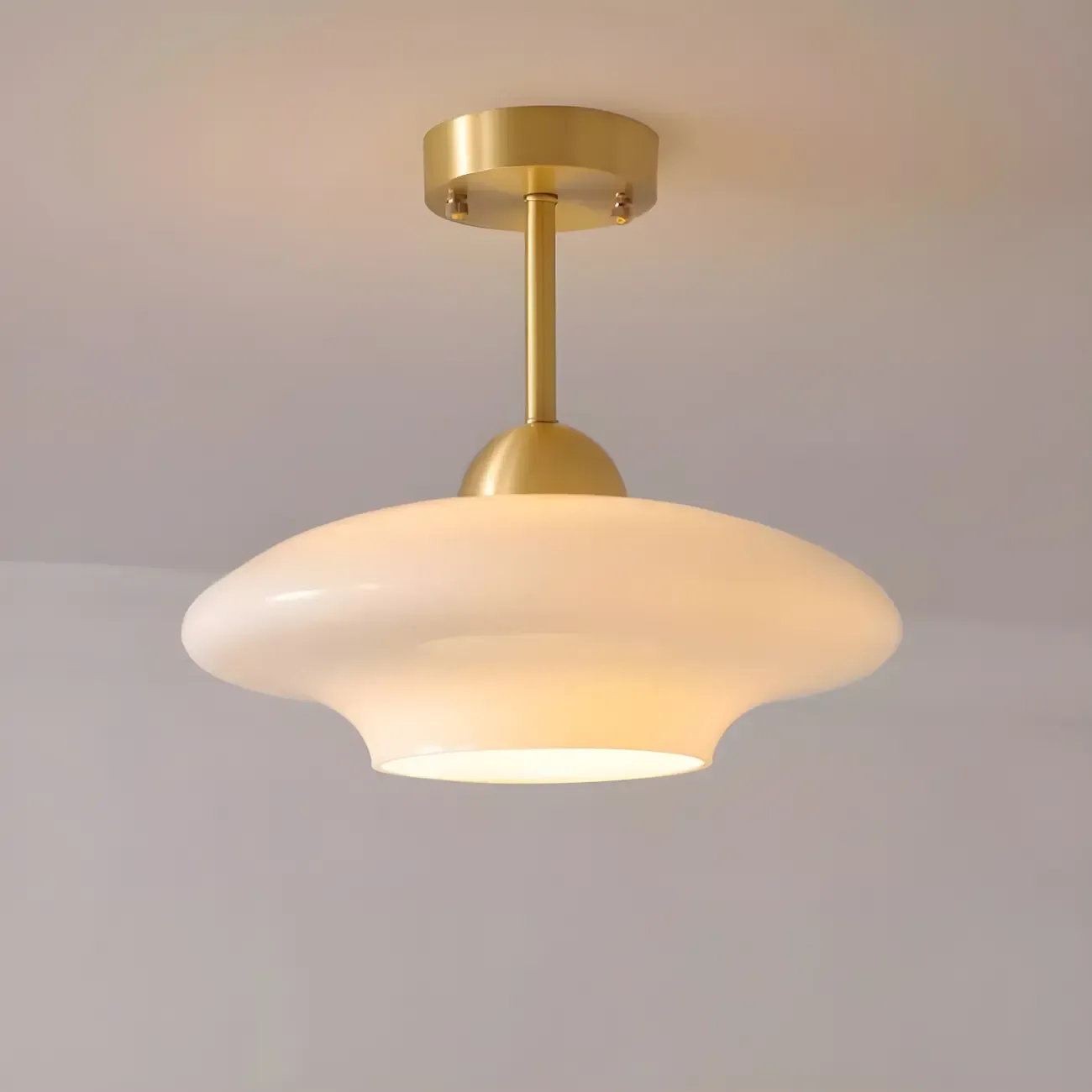 White Round Glass Shade Gold Semi Flush Ceiling Light