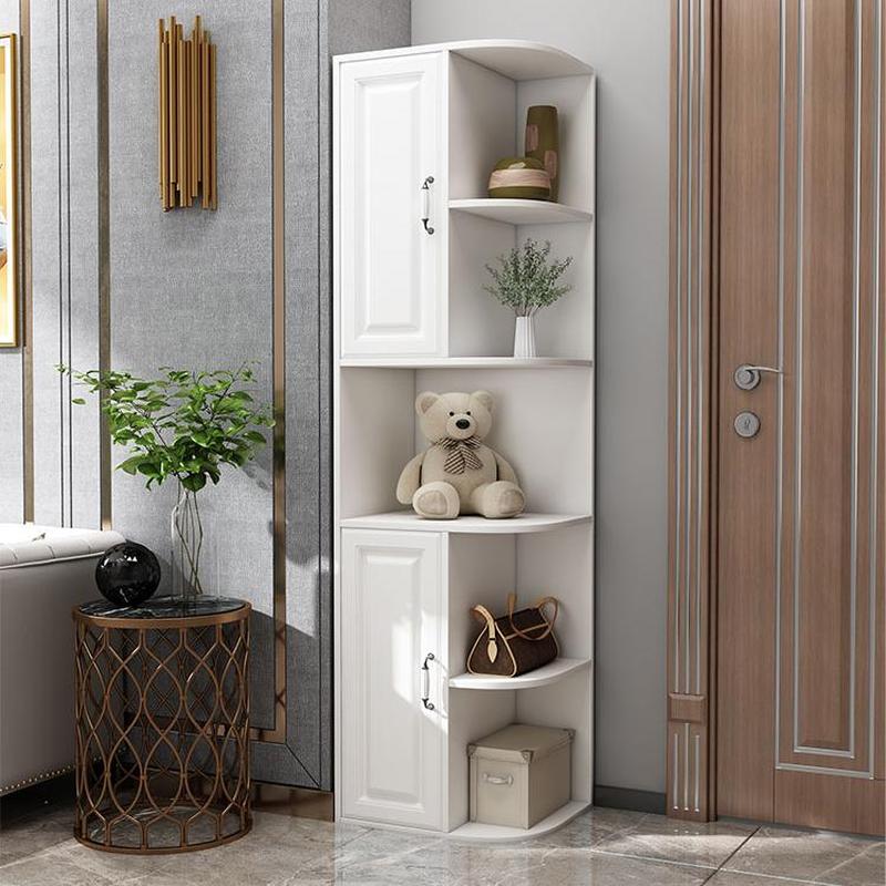 Modern White Wood Corner Utility Cabinet with Open Shelves | homeyfad