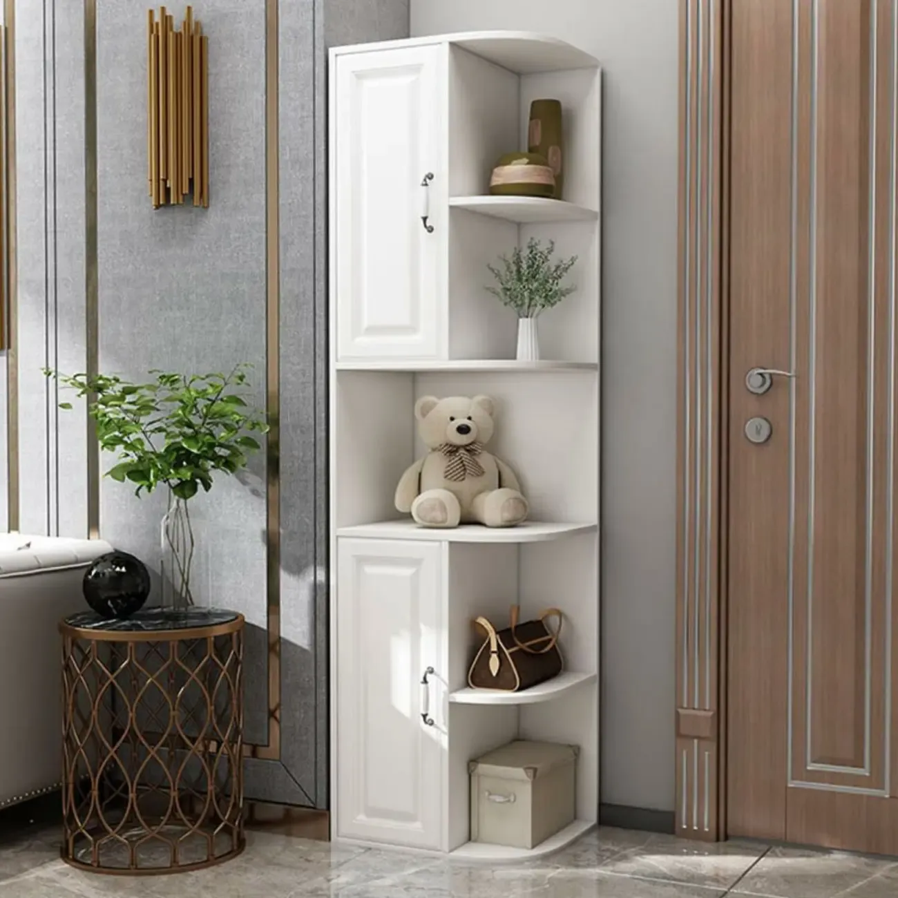 Modern White Wood Corner Utility Cabinet with Open Shelves Image - 1