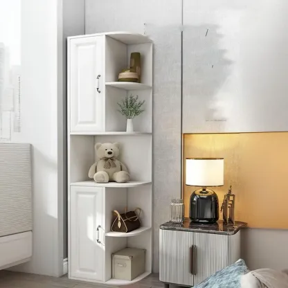 Modern White Wood Corner Utility Cabinet with Open Shelves Image - 2