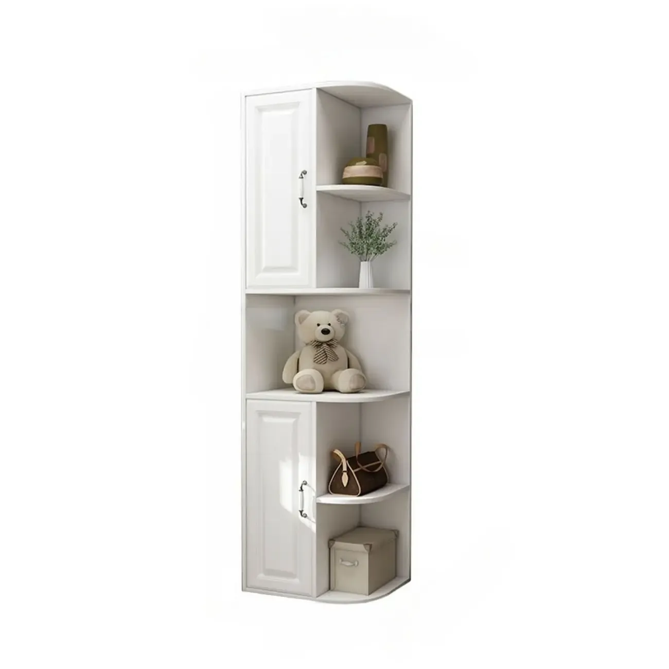 Modern White Wood Corner Utility Cabinet with Open Shelves Image - 3