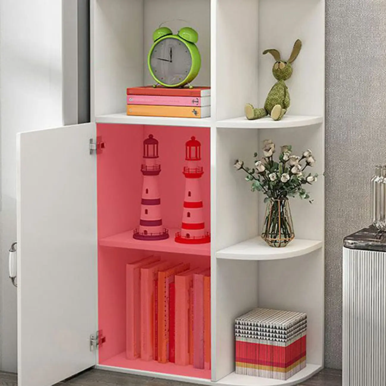 Modern White Wood Corner Utility Cabinet with Open Shelves Image - 5 | homeyfad