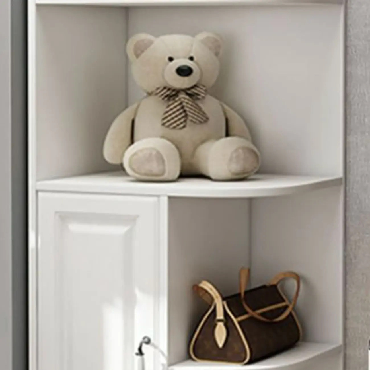 Modern White Wood Corner Utility Cabinet with Open Shelves Image - 7 | homeyfad