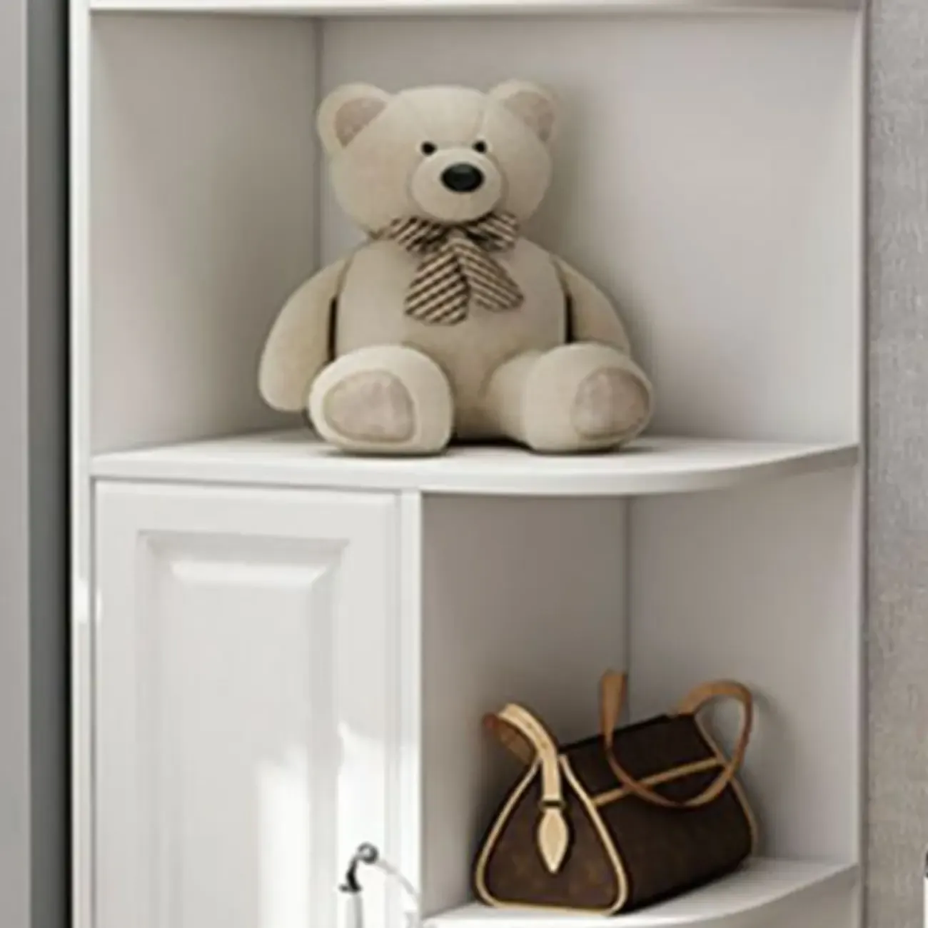 Modern White Wood Corner Utility Cabinet with Open Shelves Image - 7