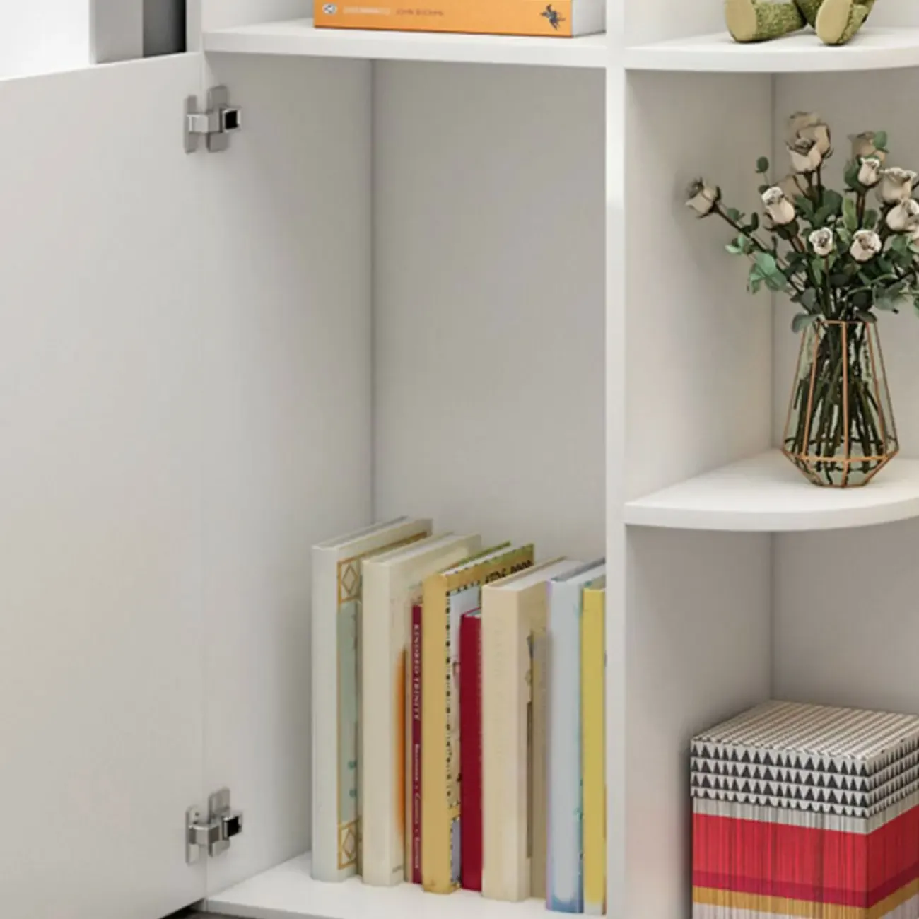 Modern White Wood Corner Utility Cabinet with Open Shelves Image - 8