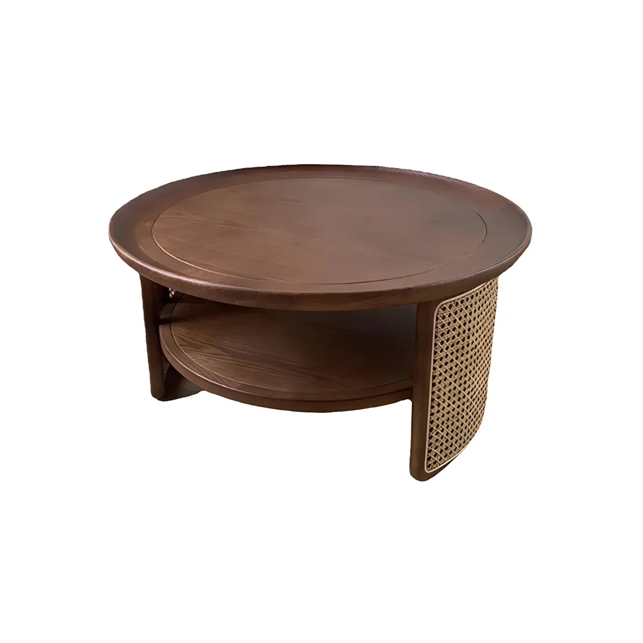 Ash Round Shelf Coffee Table with Rattan Accent Image - 5