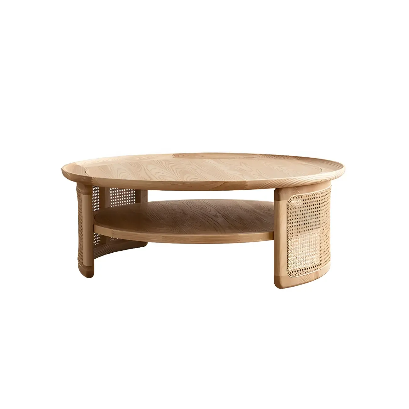 Ash Round Shelf Coffee Table with Rattan Accent Image - 6