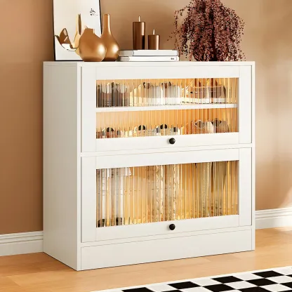 Hallway White Wood Shoe Cabinet with Glass Doors Image - 2